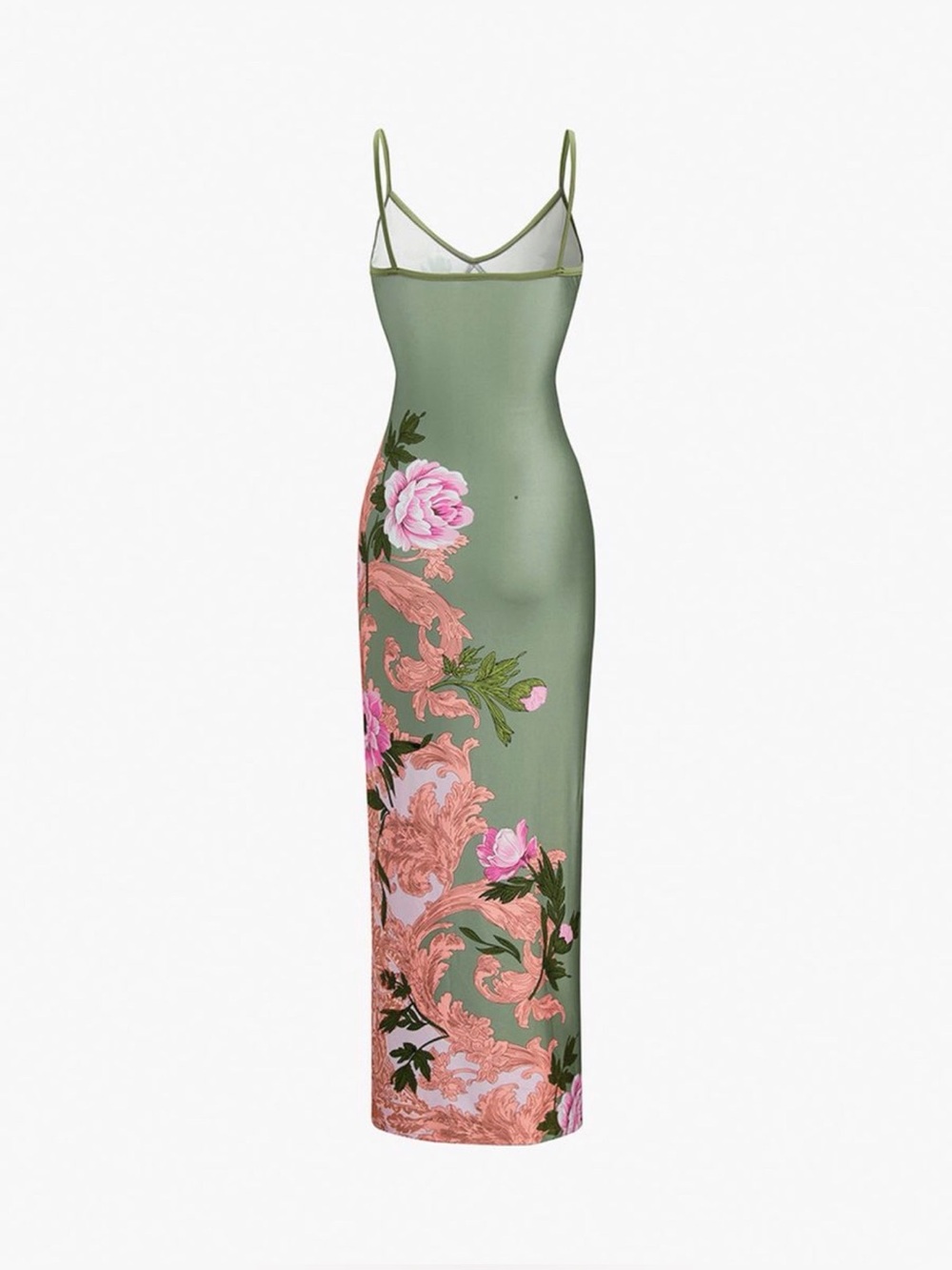 Commense Olive Green Maxi Slip Dress with Pink Floral Print - Picture 3 of 8